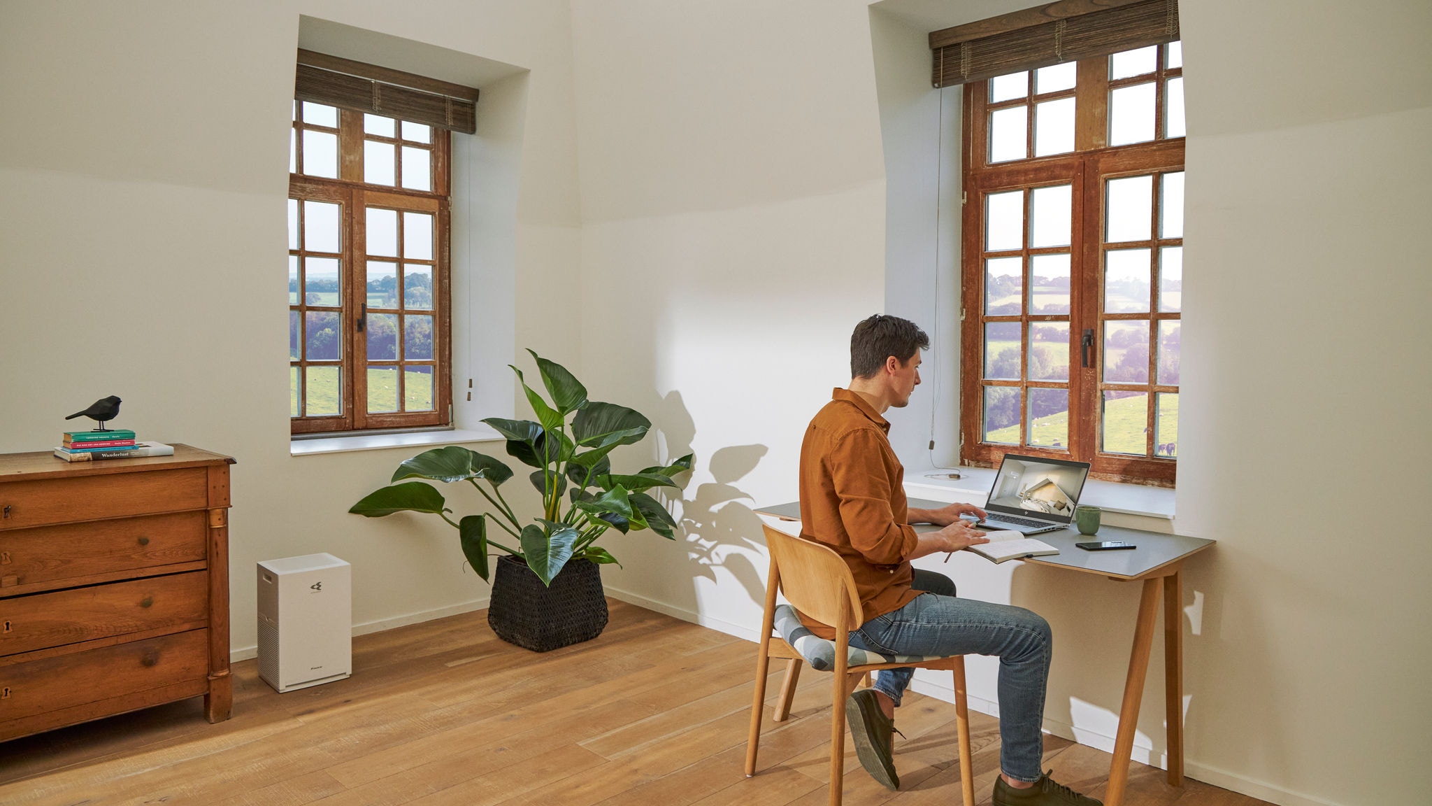 Man working from home in clean air