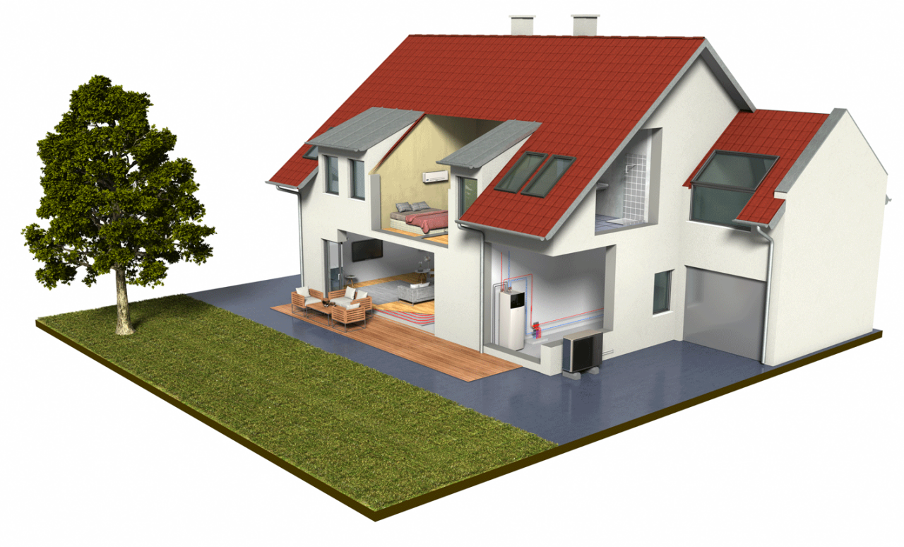 Un regard à l’intérieur d'une maison avec une installation de trois unités intérieures Daikin et une unité extérieure. Illustration.